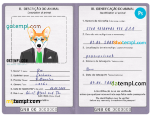 Guinea-Bissau dog (animal, pet) passport PSD template, fully editable