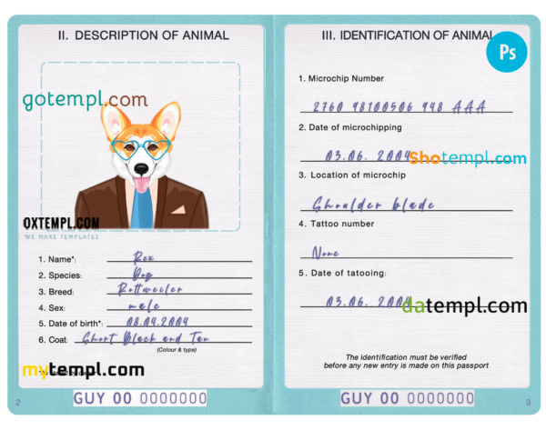 Guyana dog (animal, pet) passport PSD template, fully editable