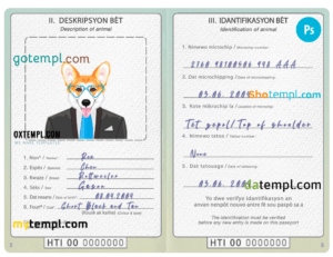 Haiti dog (animal, pet) passport PSD template, completely editable