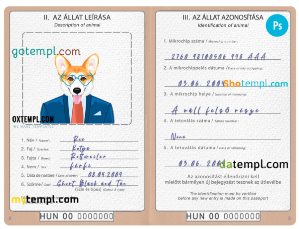 Hungary dog (animal, pet) passport PSD template, fully editable
