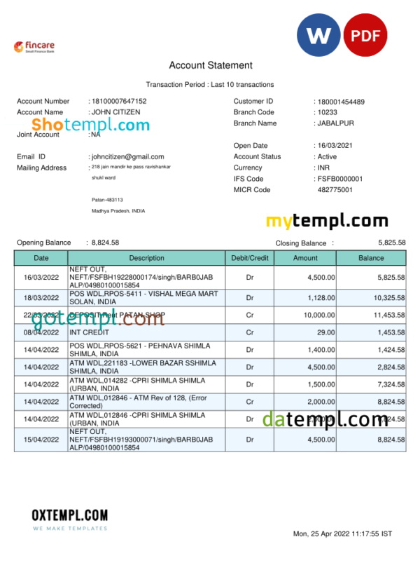 India Fincare bank account statement, Word and PDF template