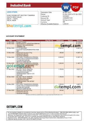 India IndusInd bank statement, Word and PDF template