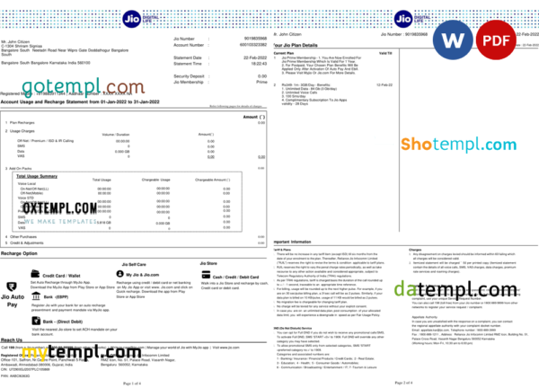 India Jio Digital Life bank statement, Word and PDF template, 4 pages