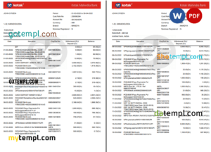 India Kotak Mahindra bank statement Word and PDF template, 7 pages