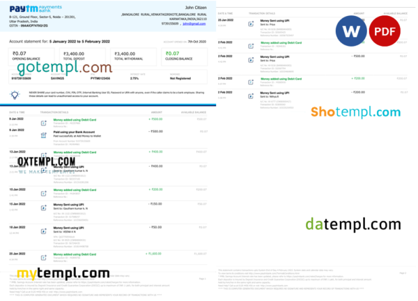 India Paytm Payments bank statement Word and PDF template, 2 pages