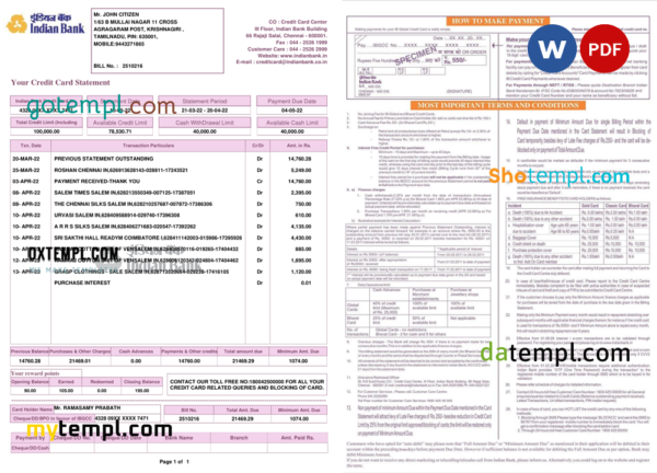 India Indian bank credit card statement, Word and PDF template, 2 pages