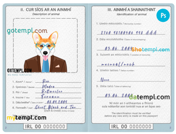 Ireland dog (animal, pet) passport template, fully editable