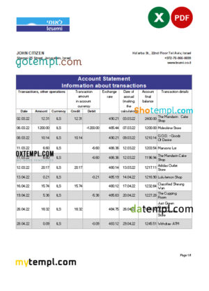 Israel Leumi bank statement Excel and PDF template
