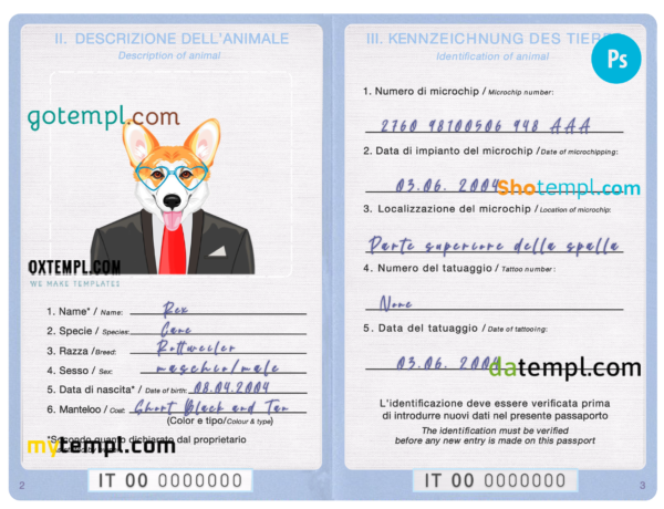 Italy dog (animal, pet) passport PSD template, completely editable