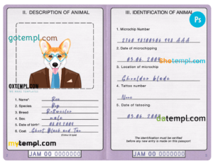 Jamaica dog (animal, pet) passport PSD template, fully editable