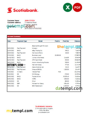 Jamaica Scotiabank bank statement Excel and PDF template