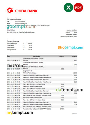 Japan Chiba bank statement Excel and PDF template