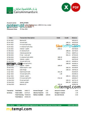Jordan Cairo Amman bank statement Excel and PDF template