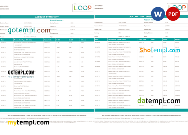 Kenya CBA Loop bank statement, Word and PDF template, 6 pages
