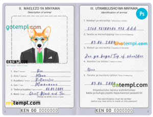 Kenya dog (animal, pet) passport PSD template, completely editable