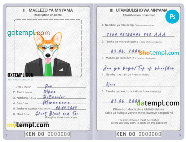 Kenya dog (animal, pet) passport PSD template, completely editable