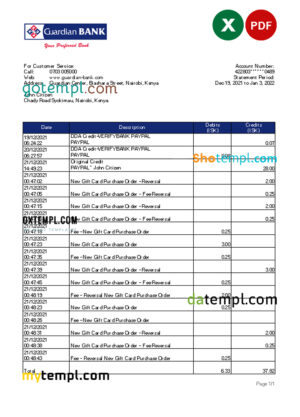 Kenya Guardian Bank statement Excel and PDF template
