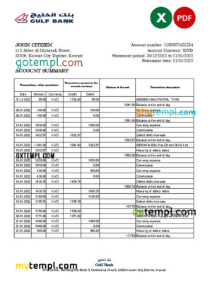 Kuwait Gulf bank statement Excel and PDF template