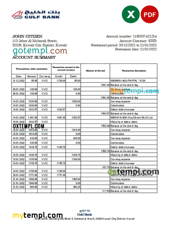Kuwait Gulf bank statement Excel and PDF template