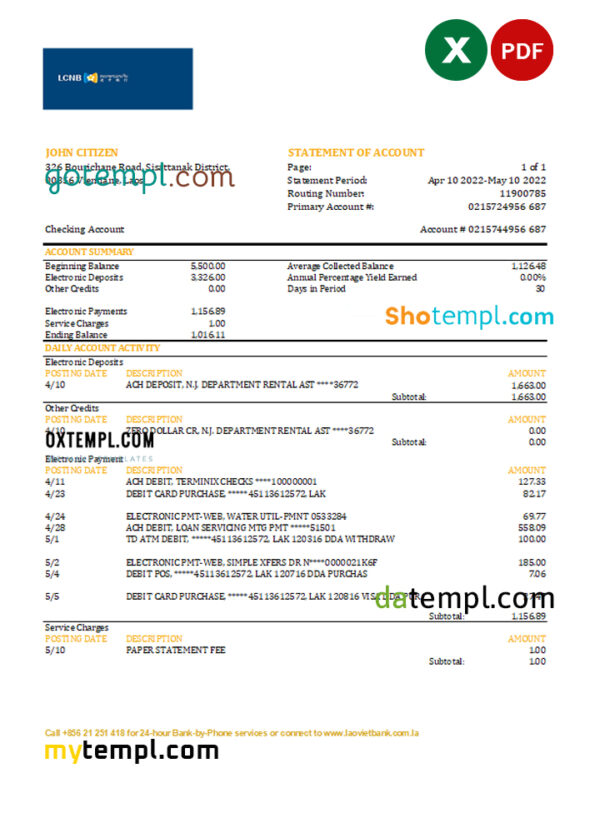 Laos LCNB bank statement Excel and PDF template