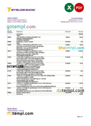 Lebanon Byblos bank statement Excel and PDF template