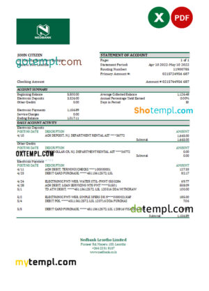 Lesotho Nedbaank bank statement Excel and PDF template