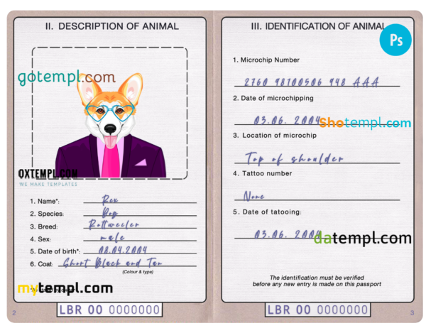 Liberia dog (animal, pet) passport PSD template, fully editable