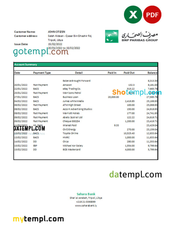 Libya Sahara Bank statement Excel and PDF template