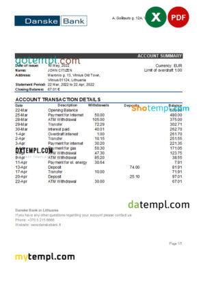 Lithuania Danske bank statement Excel and PDF template