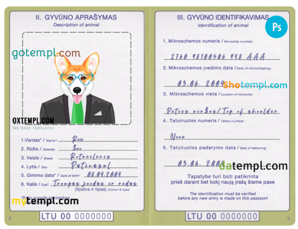 Lithuania dog (animal, pet) passport PSD template, completely editable
