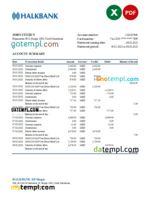 Macedonia Halkbank bank statement Excel and PDF template