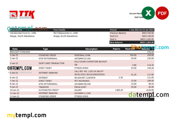 Macedonia TTK bank statement Excel and PDF template