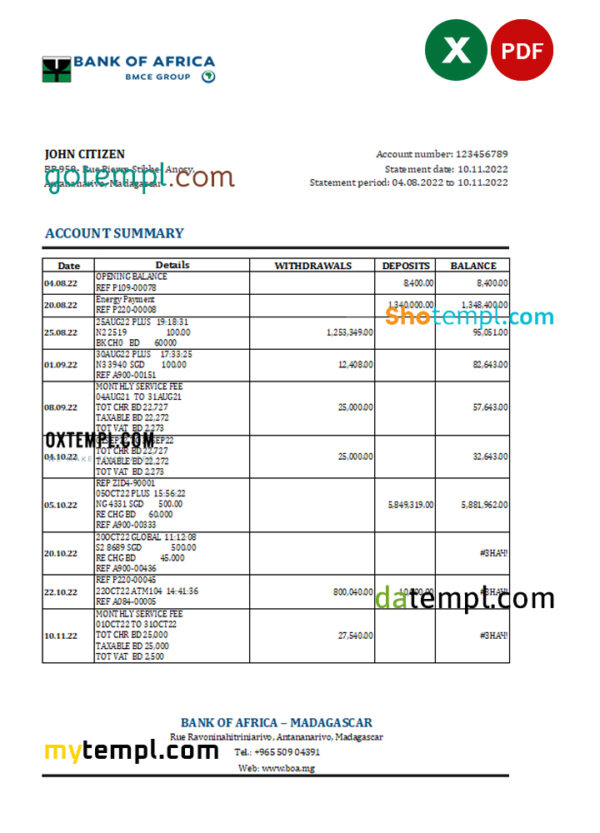 Madagascar Bank of Africa bank statement Excel and PDF template