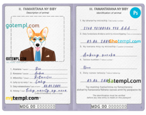 Madagascar dog (animal, pet) passport PSD template, fully editable