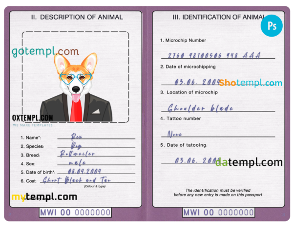 Malawi dog (animal, pet) passport PSD template, completely editable