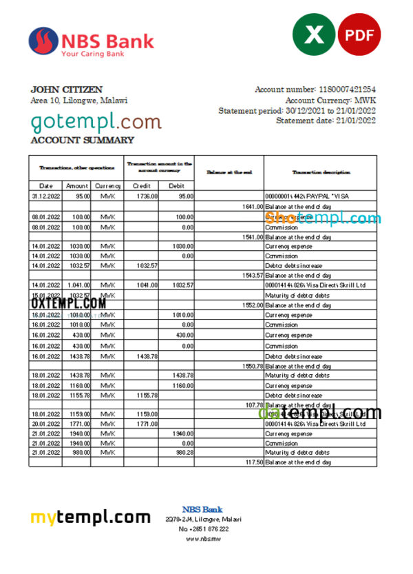 Malawi NBS bank statement Excel and PDF template
