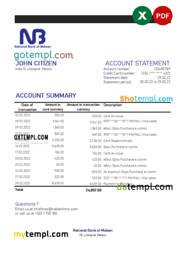 Malawi National Bank of Malawi bank statement Excel and PDF template
