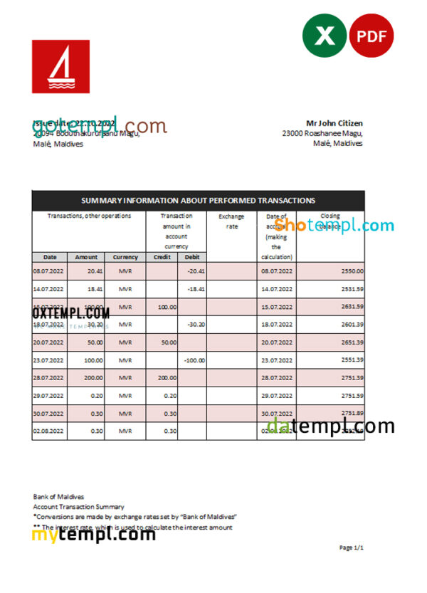 Maldives Bank of Maldives bank statement Excel and PDF template