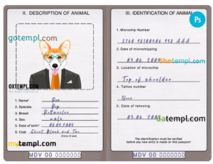 Maldives dog (animal, pet) passport PSD template, fully editable