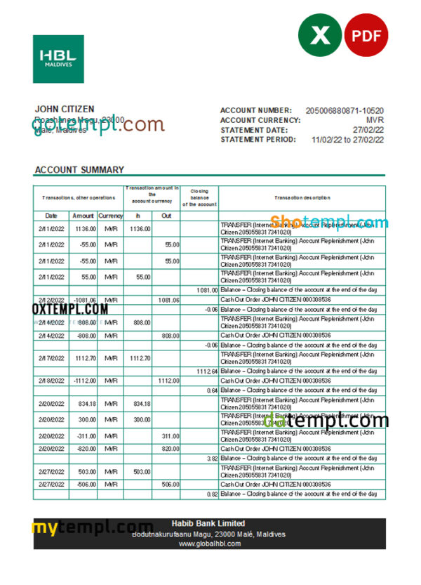 Maldives HBL bank statement Excel and PDF template