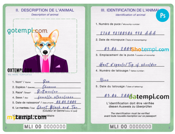 Mali dog (animal, pet) passport PSD template, completely editable