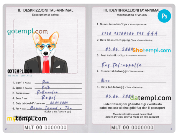 Malta dog (animal, pet) passport PSD template, completely editable
