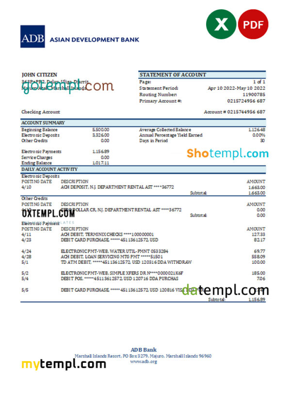 Marshall Islands ADB bank statement Excel and PDF template