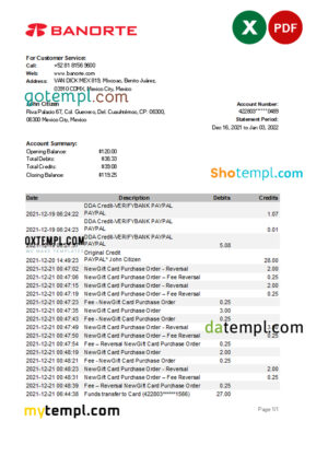 Mexico Banorte bank statement Excel and PDF template
