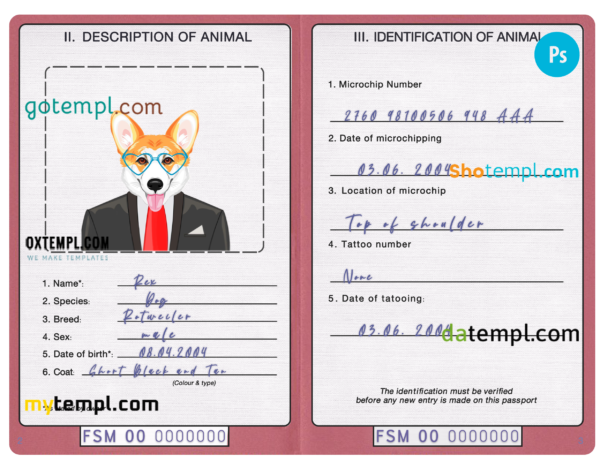 Micronesia dog (animal, pet) passport PSD template, fully editable