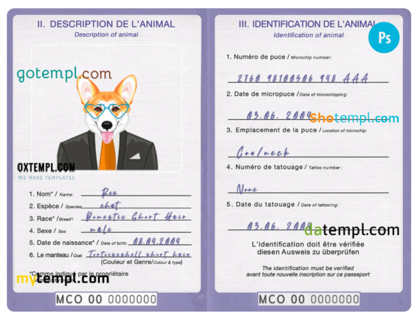 Monaco dog (animal, pet) passport PSD template, fully editable