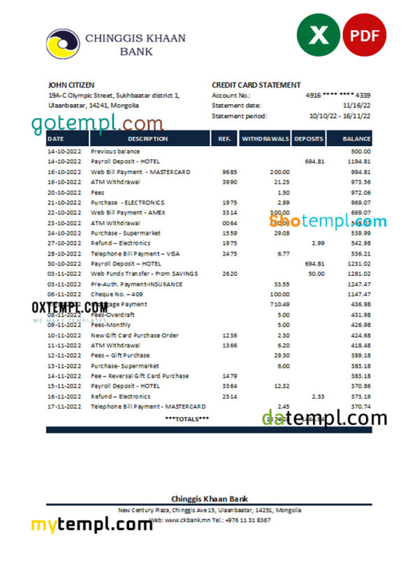 Mongolia Chinggis Khaan bank Excel and PDF template