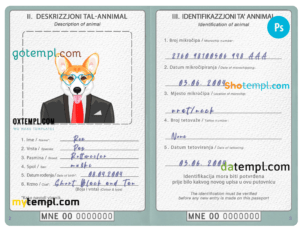 Montenegro dog (animal, pet) passport PSD template, fully editable
