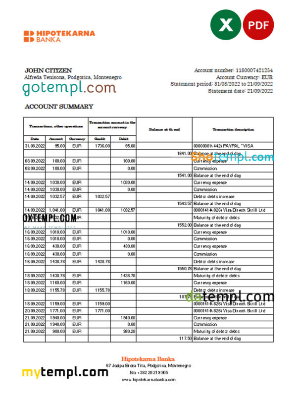 Montenegro Hipotekarna bank statement Excel and PDF template
