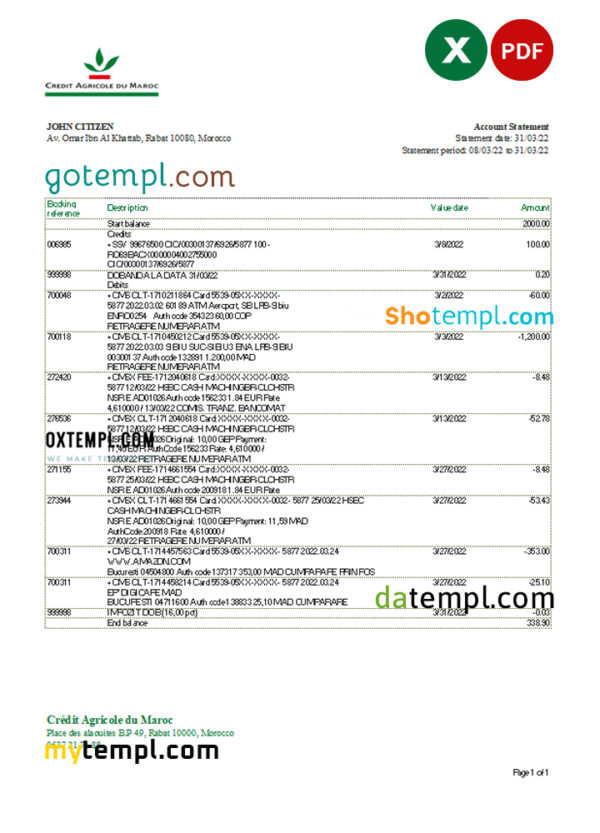 Morocco Credit Agricole bank statement Excel and PDF template